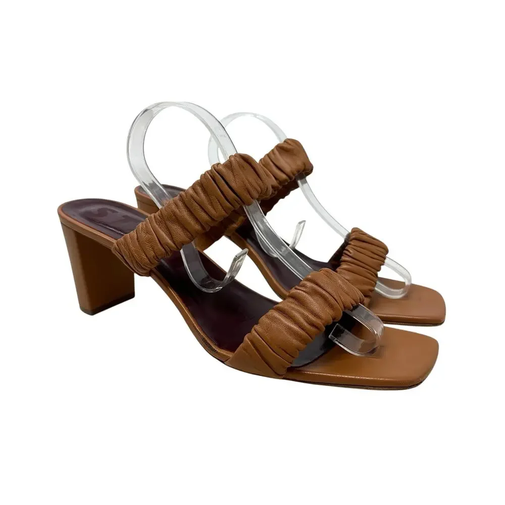 Staud‎ Frankie Ruched Leather Sandals Heels Brown Tan Size 42 US 12